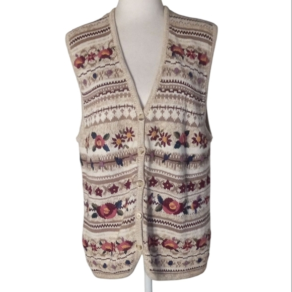 Vintage White Stag Floral Embroidered Stripe Cottage Style Vest Cotton Large - Picture 1 of 8